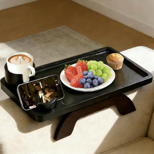 DUMOS Couch Arm Tray, 3 in 1 Clip on Sofa Arm Tray with 360° Rotating Phone Holder, Foldable Couch Armrest Table for Drinks & Snacks, Deep Black