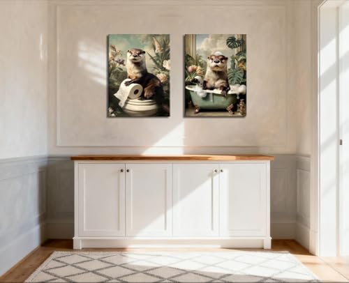 Image of Frimeeme Otter Canvas Wall Art for Bathroom Decor 12x16 Inch | 2 Pieces, Ready to Hang