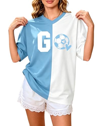 Womens 2026 Soccer Cup Shirt Argentina V-Neck Football Graphic Tee Oversized Game Day Short Sleeve Top(White-Argentina Large)
