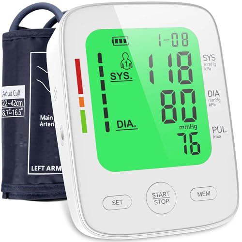 Tensiomètre Bras, Tensiometre Médical avec grand écran LCD à 3 couleurs, Moniteur Numérique à Cristaux Liquides Brassard ajustable (22-42 cm) | 2 * 99 Jeux de Mémoire | Moniteur de Fréquence Cardiaque