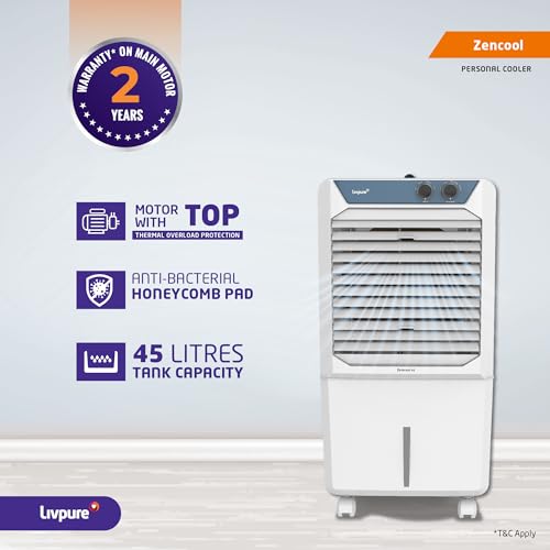 Image of Livpure Zencool Personal Air Cooler- 45L with High Air Delivery, Motor with Thermal Overload Protection, Anti-Bacterial Honeycomb Pads | Inverter Compatibility| 2 year Motor Warranty by Livpure