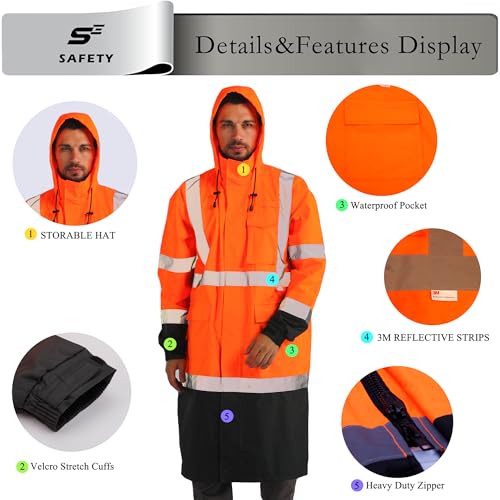sesafety Safety Rain Coats for Men Work, Class 3 HighVisibility Rain Gear Construction, Reflective Hi Vis RainJacket Lightweight Waterproof - Image 3