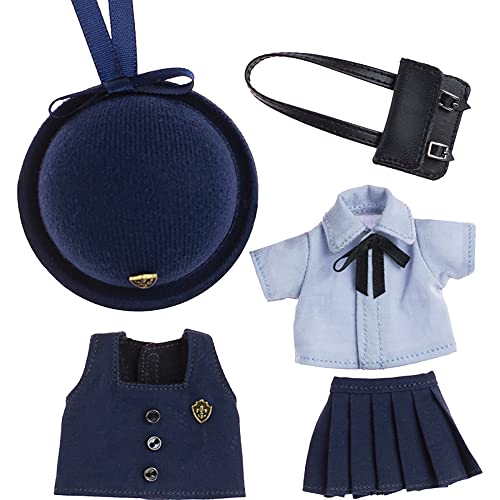 Costume chapeau gilet chemise jupe sac poupée Ob11 bleu pour mise en scène de rentrée scolaire