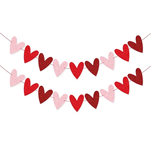 Image of Festiko2 Pack Glittery Heart Banner Garland Valentines Day Decorations Romantic Heart Bunting for Anniversary Wedding Engagement Birthday Party Decoration 3 Colors