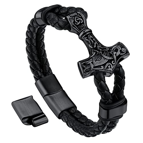 Bandmax Men Celtic Rune Thor Hammer Charm Bracelets Black Leather Knot Mjolnir Bracelets For Boys Genuine Leather Viking Hammer Bracelets -Adjustable #TOP15