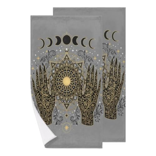 Chintiz Juego de 2 toallas de mano, diseño de mandala místico, fases lunares, altamente absorbentes, suaves, para baño, cocina, dormitorio, hotel, spa, casa de campo, té de invitados