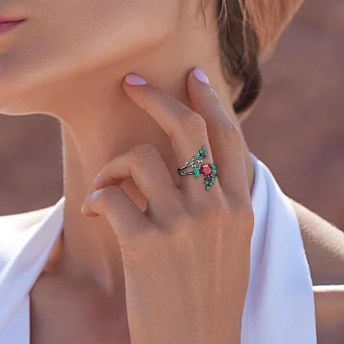 1.5CT Created Ruby Rings Set for Women Ruby Leaf Art Deco 2Pcs Ring Wedding Band With Emerald Twig 10K 14K 18K Black Gold Luxury Anniversary Jewelry with Gift Box4