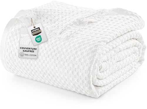 Utopia Bedding Couverture gaufrée en Coton 300 GSM (Blanc - 228 x 228 cm), Couette Douce, légère et Respirante pour Toutes Les Saisons