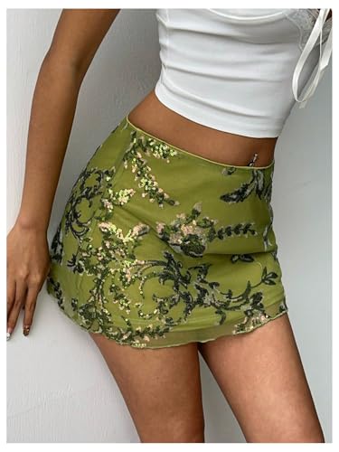 MakeMeChic Women's Sequin Skirt Summer Floral Mesh Glitter Sparkly Mini Skirt3