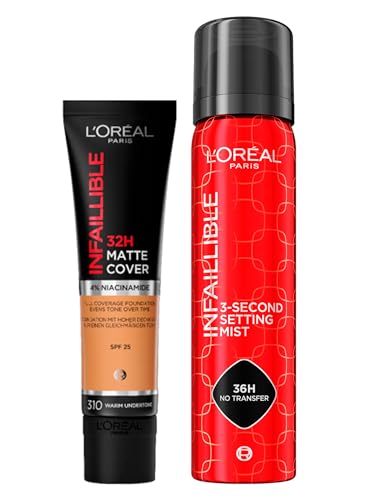 L'Oréal Paris Infaillible 32H Matte Cover Niacinamide SPF 25 310 Warm + Fixierspray 3-Sekunden-Setzung für Gesichtsmake-up, 75 ml, 2 Flaschen