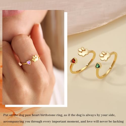 Memorial Gifts for Pet Lover Birthstone Rings for Women with Dog Paw Dainty Paw Printed Heart Rings for Teen Girl Dog Mom Gifts Adjustable Pet Paws Gold Ring for Women Non Tarnish Birthday Gift Gold Jewelry for Friend Sister Mom4