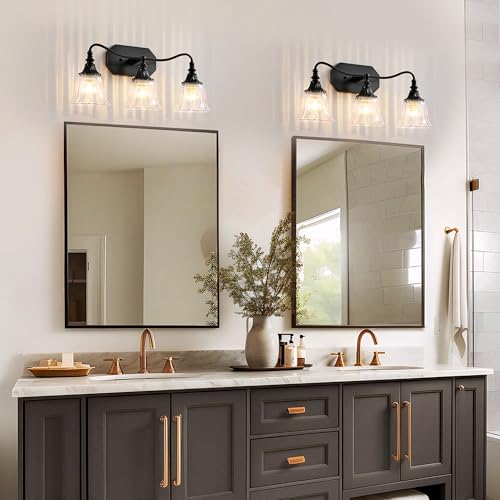 Image of LmnLvn 3-Light Bathroom Vanity Light, Matte Black with Crystal Glass Shade