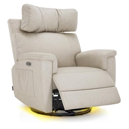 MCombo Oversized Swivel Glider Rocker Recliner with Adjustable Headrest, Dual Motor Power Recliner for Nursery, Led Nightlight, Fabric PR601 (Beige)