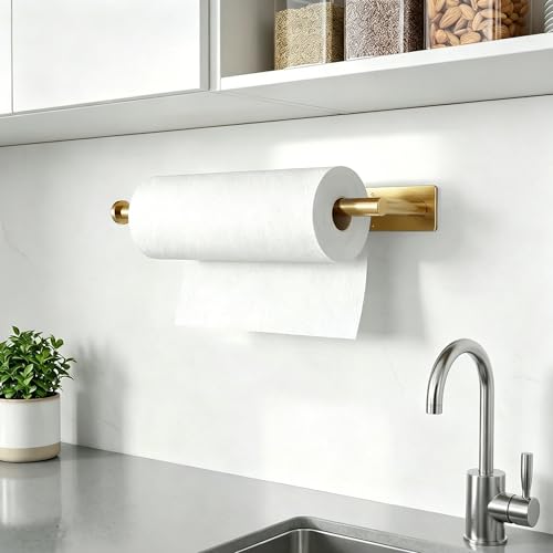 Image of Gold Paper Towel Holder Under Cabinet, Self Adhesive Paper Towel Roll Holder Stick on Wall, Stainless Steel Towel Paper Holder for Kitchen Bathroom