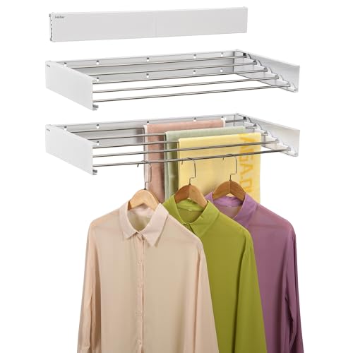 JolyBay Wall Mounted Laundry Drying Rack, Retractable Clothes Drying Rack for Bathroom with Wall Template, 5 Stainless Rods Heaving 60 lb Capacity (White, 31.5