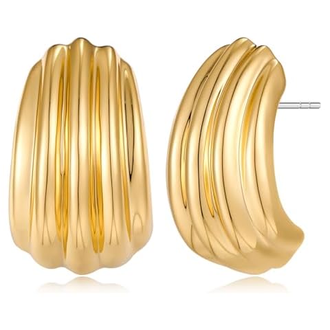 MUYAN Gold Striped Ridged Chunky Earrings for Women Trendy Minimalist Large Ribbed Textured Studs Jewelry Cover