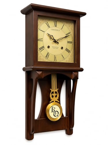 Image of Premium Wooden Pendulum Wall Clock with Musical Chime Sound, Roman Figure Golden Dial, Silent Sweep Quartz Movement, Classic Brown Finish, Battery Operated Decorative Wall Clock (22 x 11 x 3.5 Inch)