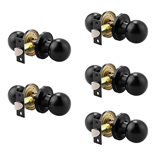 knobelite(5 Pack) Hall/Closet Room Round Door Knob,Passage Function for Hall/Closet,Interior Door Door Lock Handle Black Finish, Keyless(Non-Locking Knobs) Interior Door Handles Locks
