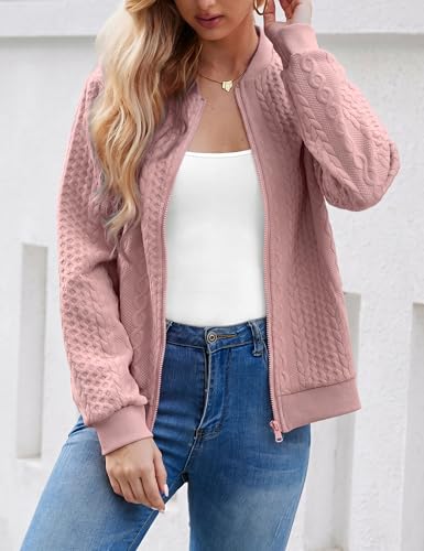 Image of WROLEM Women's Zip Up Cardigan Sweater Cable Hoodies Long Sleeve Jacket Outfits Crewneck Casual Coat