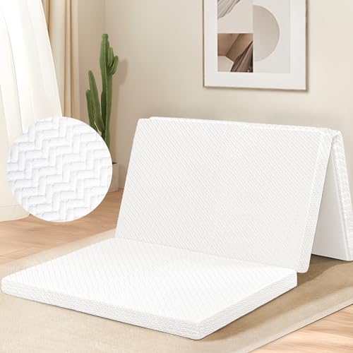 マットレス ダブル 3つ折り- ATOPEN 高反発マットレス 厚さ6cm 折り畳みマットレス 密度30D 硬さ180N 洗えるカバー 竹炭消臭 敷布団 140x195x6cm ホワイト