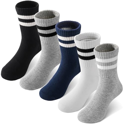 Kids Socks, 5 Pairs Unisex Kids Youth Boys Girls Crew Combed Cotton Breathable Athletic Socks Navy Blue White