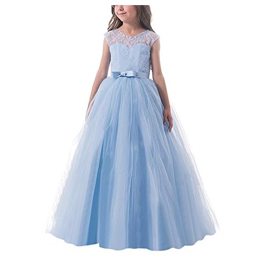 Nnjxd Klänning för flickor, barn, spets, tyll, bröllop, prinsessa ,klänningar, första nattvarden, klänning, blå, 9-10 År