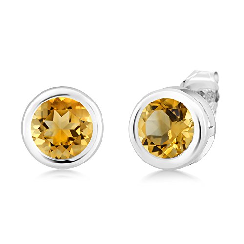 Gem Stone King 925 Sterling Silver Citrine Bezel Stud Earrings For Women Men (1.40 Cttw, Gemstone Birthstone, Round 6MM)