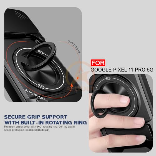 Image of Google Pixel 11 Pro Back Cover | Armor Camera Slider 360 Degree Rotating Finger Ring Holder Case with Bracket Stand Back Case Cover (Compatible with MagSafe Accessories) (Black)