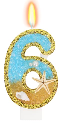 Glitter Gold Beach Number 6 Candle Gold Birthday Candles for Cake Topper