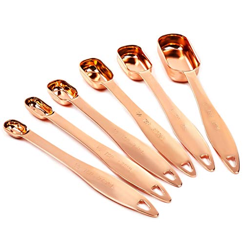 Copper Gemz Measuring Spoons Set of 6 - Extra Sturdy, Heavy Duty. Narrow Shaped Long Handles Fit Small Jars. Stainless Steel. Mirror Polished Copper/Rose Gold Finish