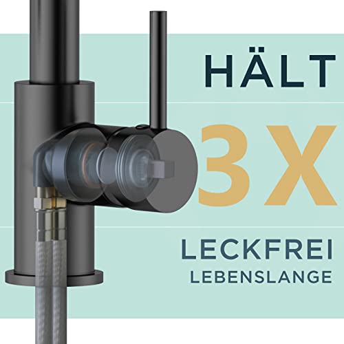 FORIOUS Wasserhahn Küche, Hoher Bogen Hochdruck Küchenarmatur mit Herunterziehen Brause Armatur, Mischbatterie Spültischarmatur Küchenarmaturen, 360° Schwenkbar Zwei Sprühfunktionen, Schwarz