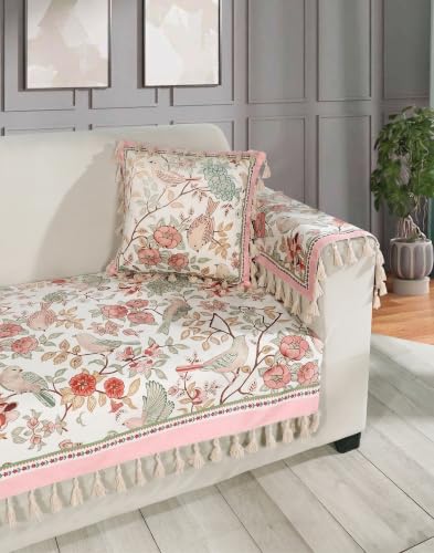Image of ishro home Premium Sofa Cover 2 Seater Protecter with 2 Handle Covers - Soft European Standard Fabric, Frill Design, Machine Washable | (Gul-o-Parinday, 2 Seater, Seat Cover)
