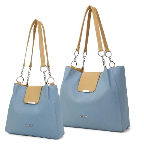 Image of BESMART Denim Tote Bag for Women, Large PU Leather Canvas Shoulder Bags with Circle Chain