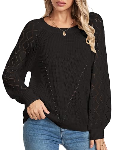 Image of Libsorge Womens Cute Crochet Knit Hollow Out Sweater Fall 2024 Lightweight Ribbed Crewneck Long Sleeve Pullover Top