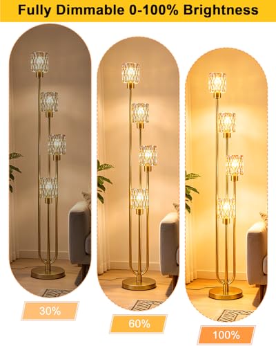 Image of Vintage 4-Light Amber Glass Floor Lamp, Dimmable Gold Standing Tall Lamp for Reading, Mid Century Modern Floor Lamp for Living Room Bedroom Home Office Corner Decor, Bulb Included