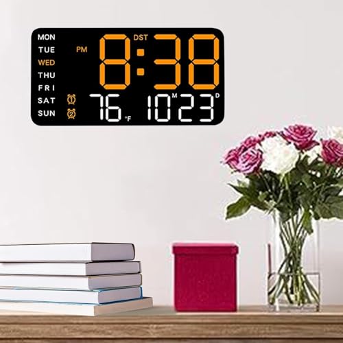 Image of EASEPRES Digital Wall Clock 9 inch LED Large Display, Electronic Wall Mounted & Desk Clock, Day Date Temperature Dual Alarm, 5-Level Adjustable Brightness, USB Powered for Bedroom Office Home (Orange)