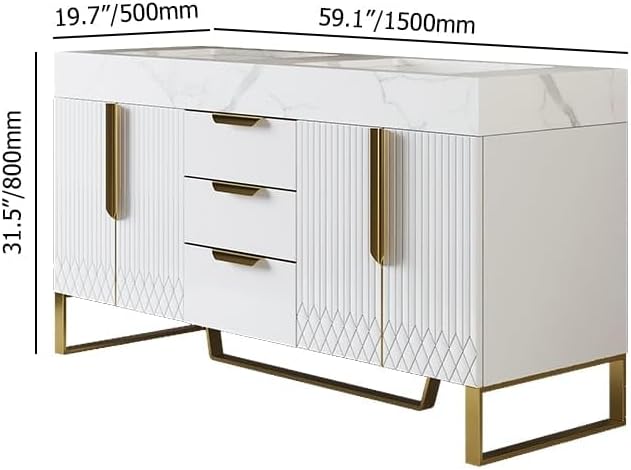 KunMai 59" White Freestanding Bathroom Vanity with Faux Marble Top, Double Ceramic Vessel Sinks, Floor-Standing Design, 3 Drawers for Storage, Modern Bathroom Cabinet with Gold Hardware Finish