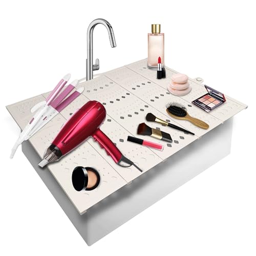 Mofason Bathroom Sink Top Cover Space Saver,Silicone Makeup Organizer Mat for Over Countertop,Small Bathroom Must Haves Accessories Rv Camper Travel Foldable Gadgets-Pearl