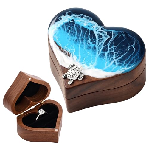 Kenning Ocean Resin Heart Engagement Ring Box with Turtle Metal Fitting, Personalized Walnut Wooden Ring Display Box for Women Proposal, Wedding, Anniversary, Valentine's Day, Birthday