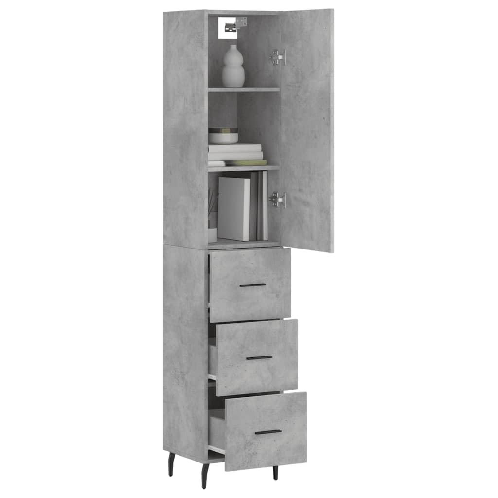 Armadietto alto di alta qualità grigio cemento con legno da 34,5 x 34 x 180 cm, molto spazio, pratica porta, piedini in metallo stabili, ideale per soggiorno, sala da pranzo, corridoio