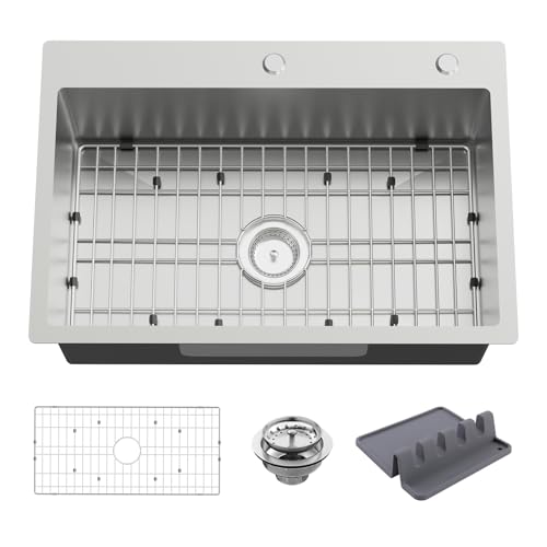 Kitchen And Bar Sink 27x18 Inch Stainless Steel Drop In Modern Single Bowl Topmount Kitchen And Bar Sink Combo-SS Grid Spoon Rest Drain Strainer Set Compatibility With Various Kitchen&Bar Style