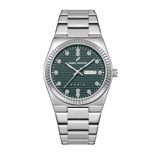 Image of Daniel Hechter Hoche Collection Classic Analog Watch for Men - Textured Dial,Crystal Indices with Fluted Bezel, Date Display and Silver Stainless Steel Strap