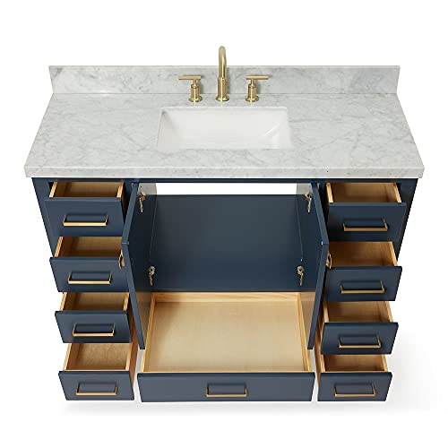 Dkb Beckford Series 49" Inch Single Rectangle Sink Bathroom Vanity Cabinet In Midnight Blue | Carrara White Marble Countertop | 2 Soft Closing Doors | 9 Full Extension Dovetail Drawers | No Mirror #TOP3