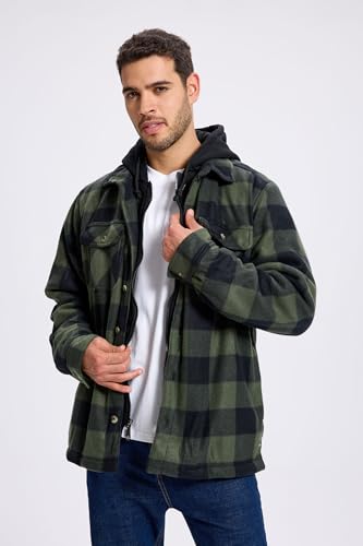 Image of TanBridge Men's Cotton Plaid Shirts Jacket Full Zip Fleece Flannel Sherpa Lined Hoodies Heavyweight Hoodies Jacket for Men