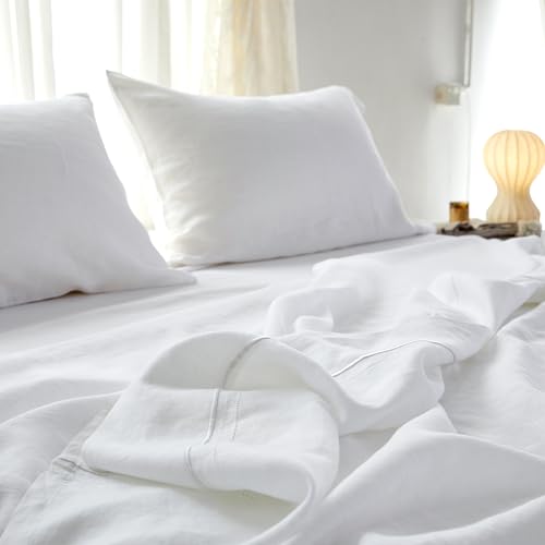 Parure de lit 100 % lin français blanc très grand lit avec drap plat - 7