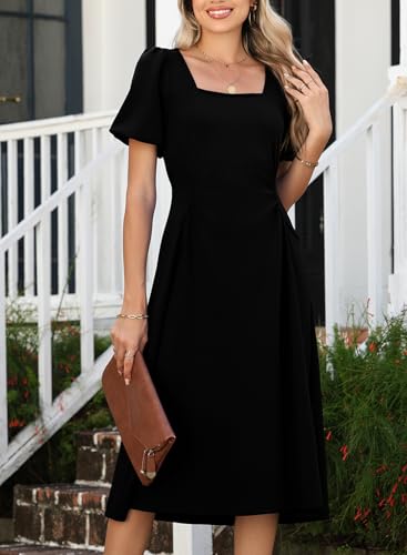 Image of Happy Sailed Women's Summer Short Sleeve Square Neck Ruched Waist Flowy A Line Midi Cocktail Party Dress