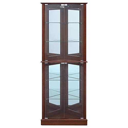 Image of BELLEZE Lighted Corner Display Curio Cabinet Wooden Shelving Unit with Tempered Glass Door, Bar and Liquor Storage Area with 6 Shelves - Woody (Walnut)