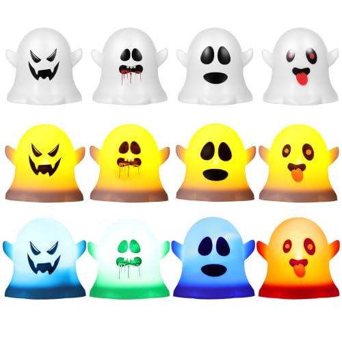 NUOBESTY 12pcs Ghost Tea Lights Led Flickering Artificial Candles Halloween