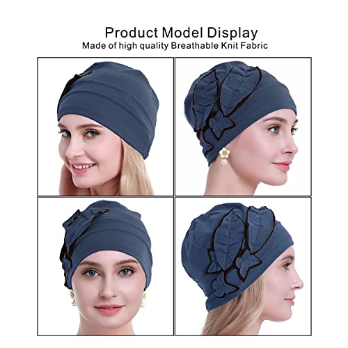 Osvyo 4 Pieces Cotton Chemo Hat Beanie Headwear For Women-Soft Cap Cancer For Hair Loss Gift Sealed Packaging Blue Grey Violet Light Coffee Black #TOP2
