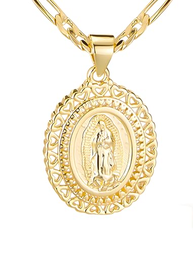 Virgin Mary Necklace for Women, 14K Gold Plated Copper Virgen de Guadalupe Charm Pendant, Valentine Mother's Day Our Lady Blessed Christian Catholic Gifts for Her with Jewelry Box Figaro Chain